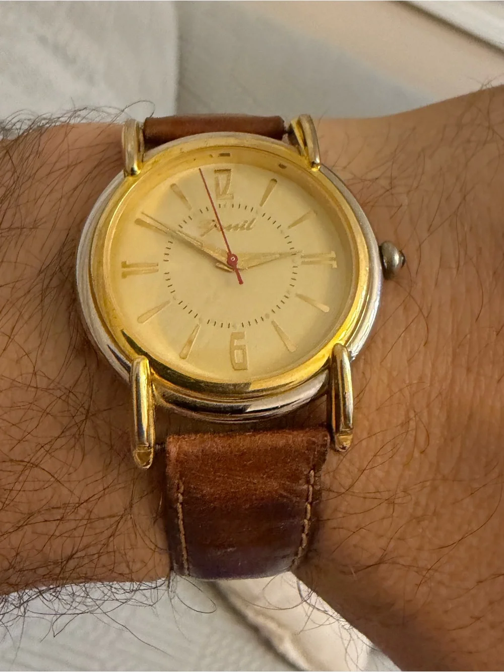Vintage 90s Fossil RM2514 Watch Two Tone Gold T Bar Lugs Leather New Battery